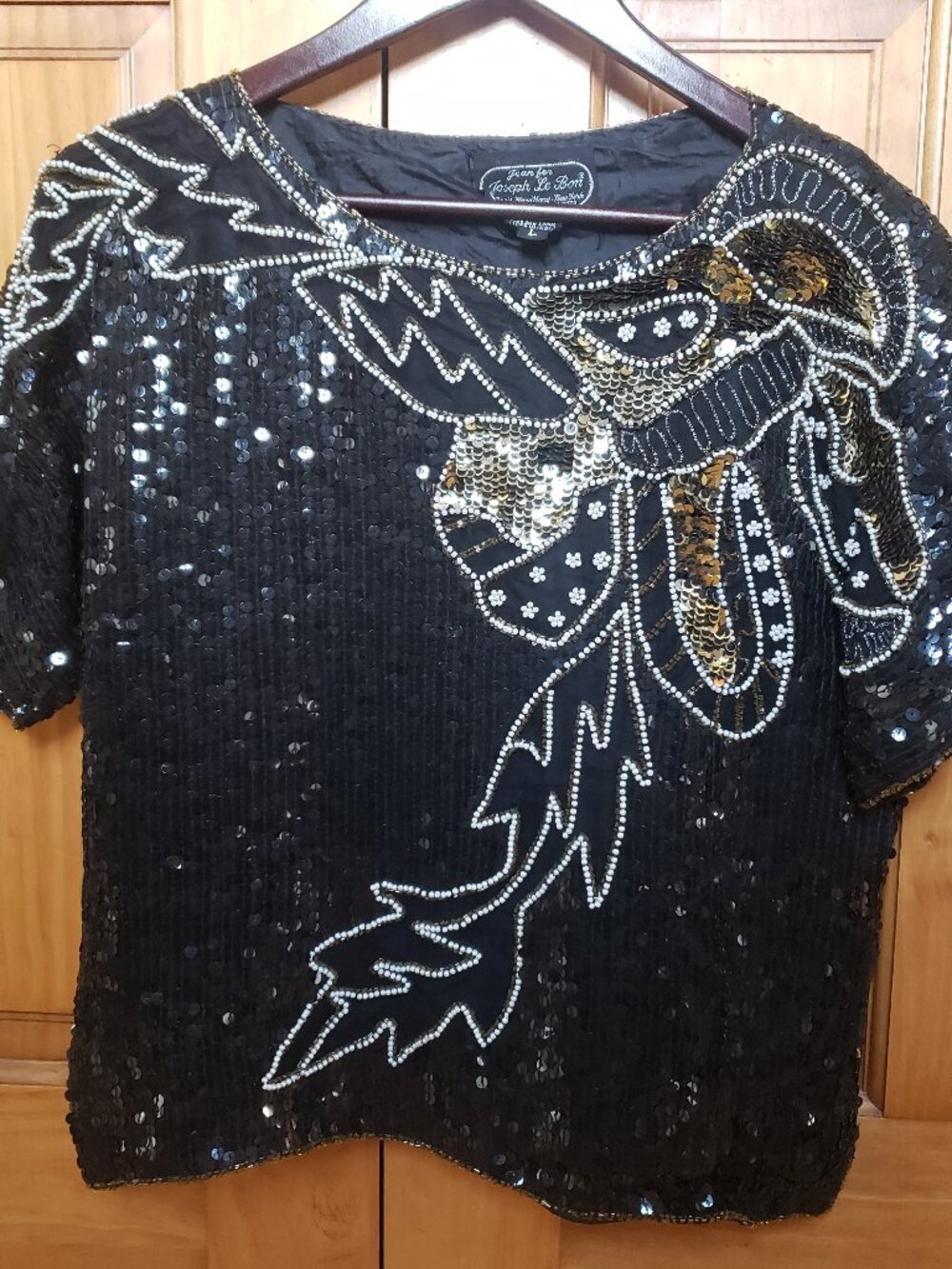 Vintage Pure Silk Black Sequin Beaded Evening Blouse Top L Glam Maximalist 80s